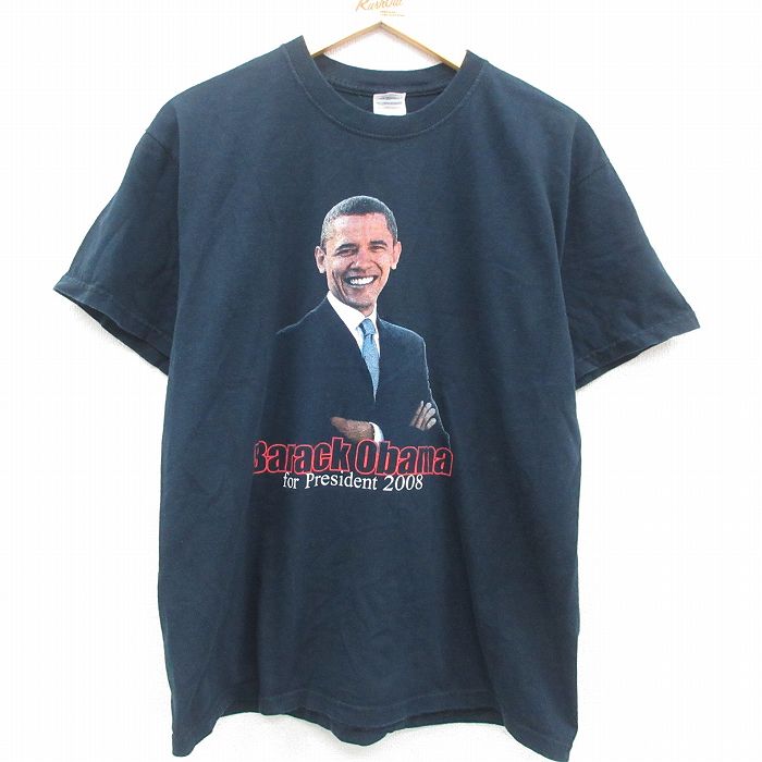 古着 半袖 ビンテージ Tシャツ メンズ 00年代 00s バラクオバマ 大統領 コットン クルーネック 黒 ブラック Lサイズ 中古 中古 古着