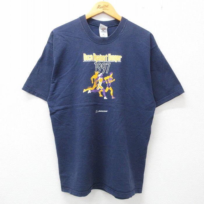 【商品番号】 tsv23053189 【商品名】 L & starf;古着 半袖 ビンテージ Tシャツ メンズ 90年代 90s レース マラソン ボーイング コットン クルーネック 紺 【メ