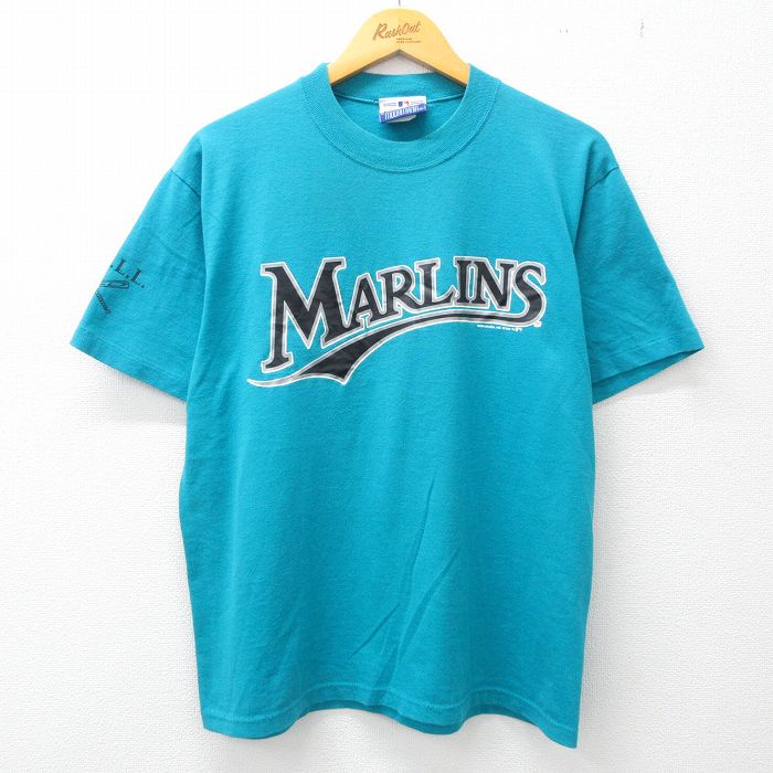 古着 半袖 ビンテージ Tシャツ メンズ 90年代 90s MLB マイアミマーリンズ クルーネック USA製 青緑系 メジャーリーグ ベース 中古 古着