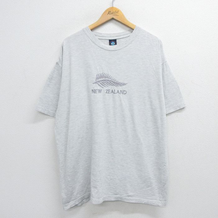古着 半袖 ビンテージ Tシャツ メンズ 00年代 00s 葉 ニュージーランド 刺繍 大きいサイズ クルーネック 薄グレー 霜降り XLサ 中古 古着