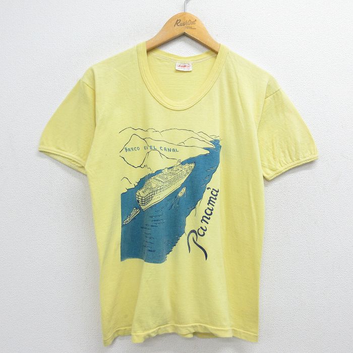 古着 半袖 ビンテージ Tシャツ メンズ 80年代 80s 船 パナマ コットン クルーネック 黄 イエロー Mサイズ 中古 中古 古着