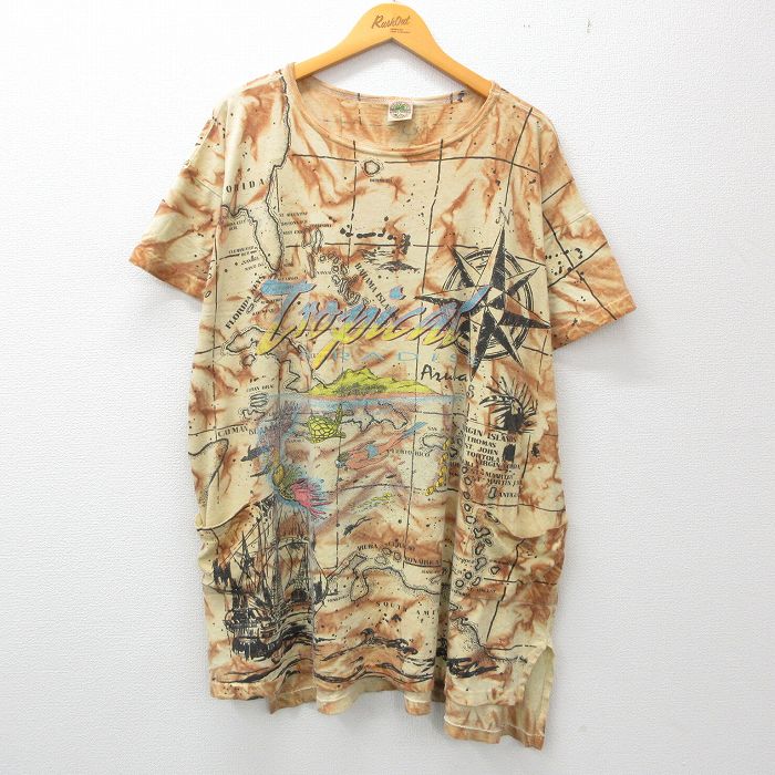 【商品番号】 tsv23060328 【商品名】 XL & starf;古着 半袖 ビンテージ Tシャツ メンズ 90年代 90s トロピカル 地図 全面プリント ポケット付き 大きいサイズ 