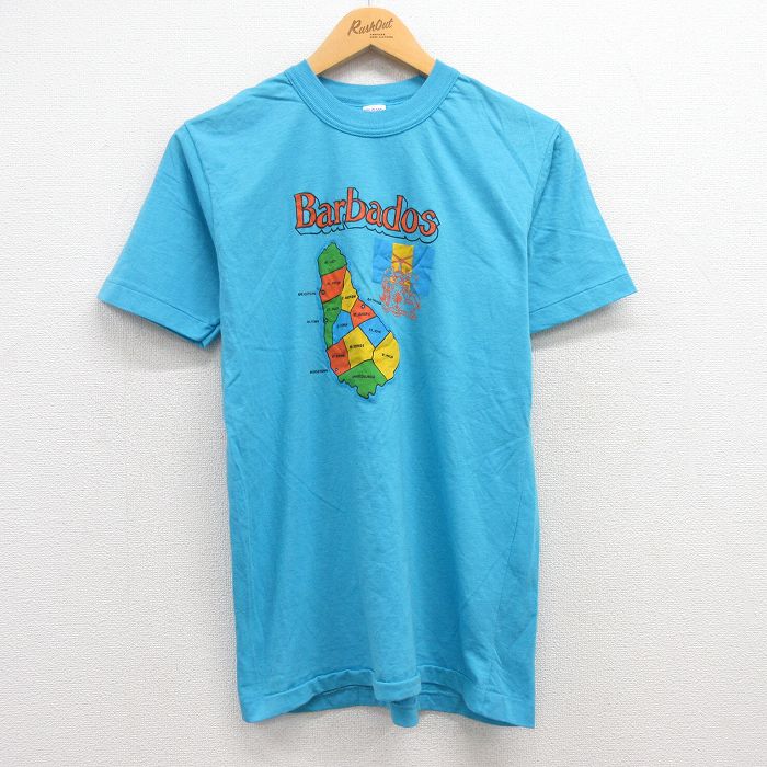 古着 半袖 ビンテージ Tシャツ メンズ 80年代 80s 地図 バルバトス クルーネック 水色 Sサイズ 中古 中古 古着