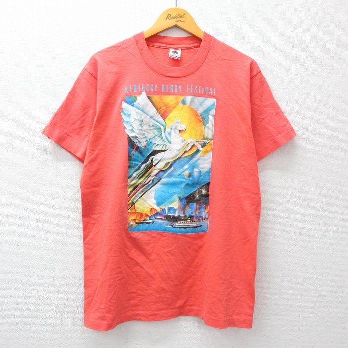 古着 半袖 ビンテージ Tシャツ メンズ 90年代 90s ケンタッキーダービー 競馬 コットン クルーネック USA製 濃ピンク系 Lサイ 中古 古着