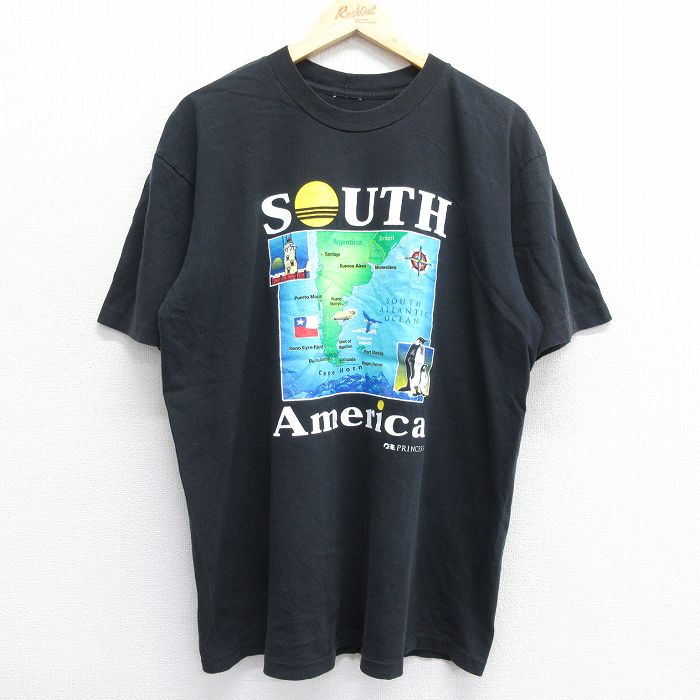 古着 半袖 ビンテージ Tシャツ メンズ 90年代 90s SOUTH America 灯台 ペンギン クルーネック 黒 ブラック XLサイズ 中古 中古 古着