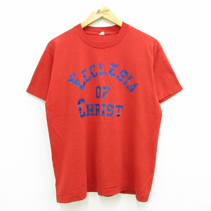 古着 半袖 ビンテージ Tシャツ メンズ 80年代 80s エクレシア キリスト クルーネック USA製 赤 レッド Lサイズ 中古 中古 古着
