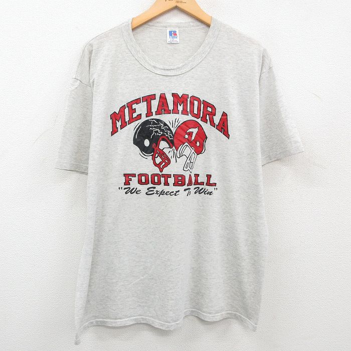 古着 ラッセル 半袖 ビンテージ Tシャツ メンズ 90年代 90s METAMORA フットボール 大きいサイズ クルーネック USA製 薄グレー 中古 古着