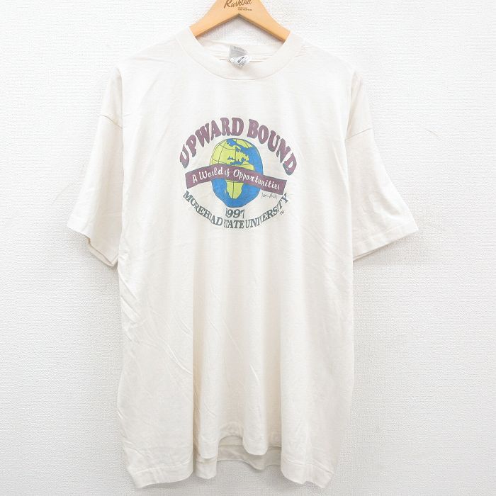 古着 半袖 ビンテージ Tシャツ メンズ 90年代 90s 地球 UPWARD BOUND カレッジ 大きいサイズ クルーネック USA製 生成り XLサ 中古 古着