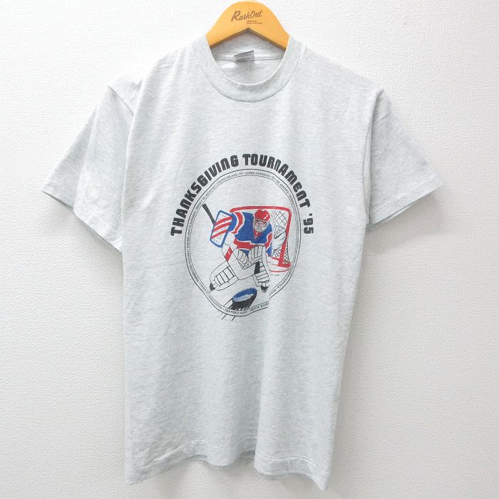 古着 半袖 ビンテージ Tシャツ メンズ 90年代 90s アイスホッケー トーナメント クルーネック 薄グレー 霜降り Mサイズ 中古 中古 古着