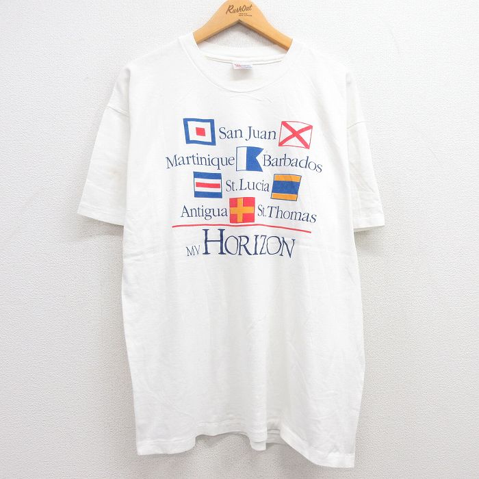 古着 ヘインズ Hanes 半袖 ビンテージ Tシャツ メンズ 90年代 90s サンファン HORIZON 国旗 コットン クルーネック USA製 白 中古 古着