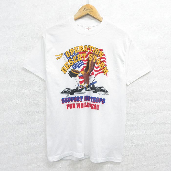 古着 半袖 ビンテージ Tシャツ メンズ 90年代 90s ワシ 星条旗 戦闘機 クルーネック USA製 白 ホワイト Mサイズ 中古 中古 古着
