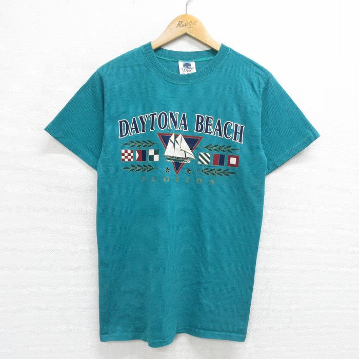 古着 半袖 ビンテージ Tシャツ メンズ 90年代 90s デイトナビーチ 船 コットン クルーネック USA製 青緑他 ボーダー Mサイズ 中古 古着
