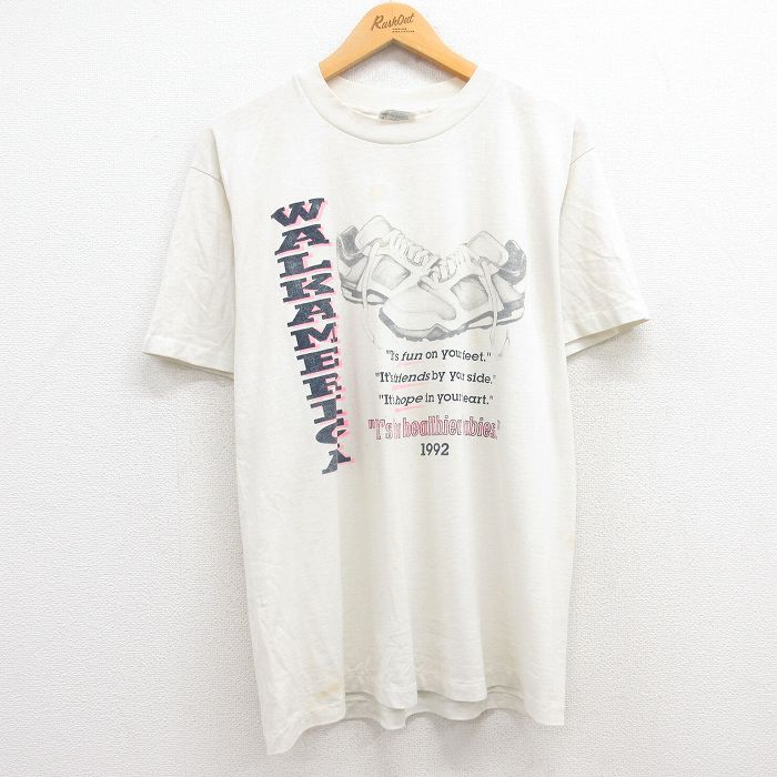 古着 ヘインズ Hanes 半袖 ビンテージ Tシャツ メンズ 90年代 90s スニーカー シューズ クルーネック USA製 生成り Lサイズ 中 中古 古着