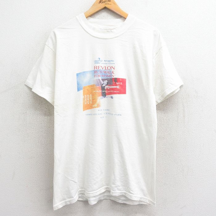 古着 半袖 ビンテージ Tシャツ メンズ 90年代 90s REVLON RUN 企業広告 コットン クルーネック 白 ホワイト Lサイズ 中古 中古 古着