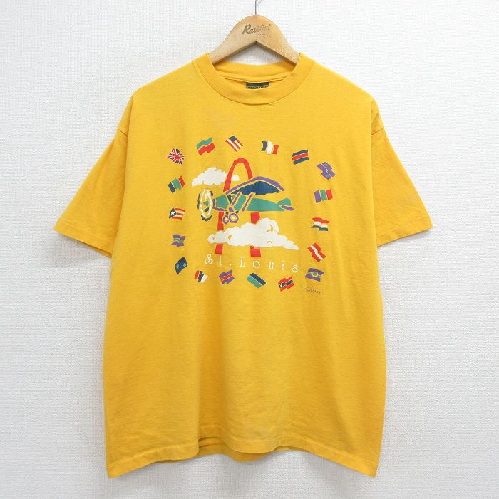 古着 半袖 ビンテージ Tシャツ メンズ 90年代 90s セントルイス 国旗 飛行機 コットン クルーネック USA製 黄 イエロー spe XL 中古 古着