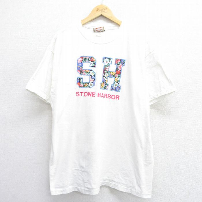 古着 半袖 ビンテージ Tシャツ メンズ 90年代 90s ストーンハーバー 刺繍 大きいサイズ コットン クルーネック USA製 白 ホワ 中古 古着