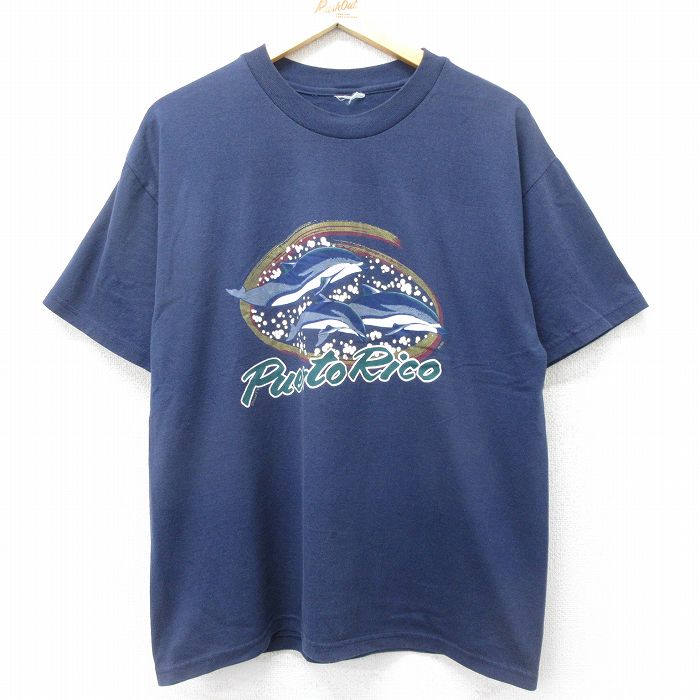 古着 半袖 ビンテージ Tシャツ メンズ 00年代 00s プエルトリコ イルカ 魚 クルーネック 紺 ネイビー XLサイズ 中古 中古 古着