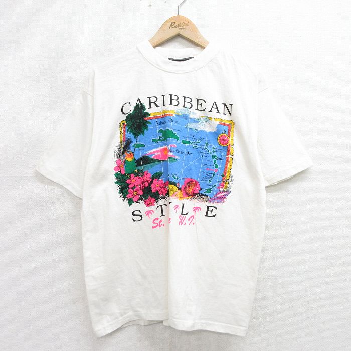 古着 半袖 ビンテージ Tシャツ メンズ 90年代 90s 地図 カリビアン 大きいサイズ クルーネック 白 ホワイト XLサイズ 中古 中古 古着