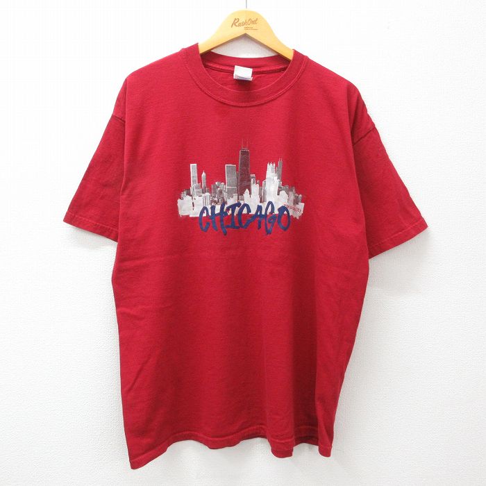 古着 半袖 ビンテージ Tシャツ メンズ 00年代 00s シカゴ ビル コットン クルーネック 赤 レッド XLサイズ 中古 中古 古着