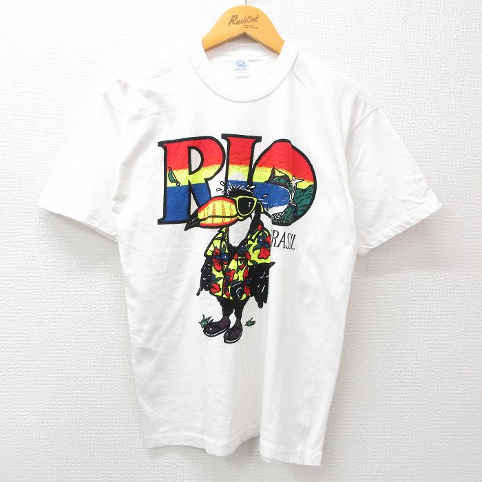 古着 半袖 ビンテージ Tシャツ メンズ 90年代 90s 鳥 ブラジル コットン クルーネック 白 ホワイト Mサイズ 中古 中古 古着