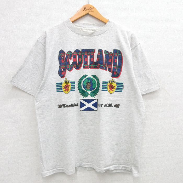 【商品番号】 tsv24052006 【商品名】 XL & starf;古着 半袖 ビンテージ Tシャツ メンズ 90年代 90s スコットランド 地球 コットン クルーネック USA製 薄グ