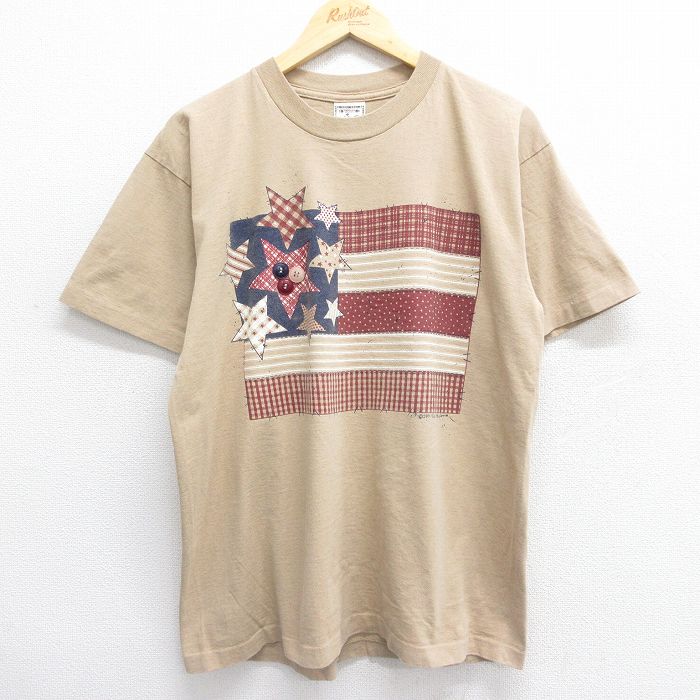 【商品番号】 tsv24063475 【商品名】 L & starf;古着 半袖 ビンテージ Tシャツ メンズ 90年代 90s 星条旗 ボタン コットン クルーネック USA製 ベージュ【s