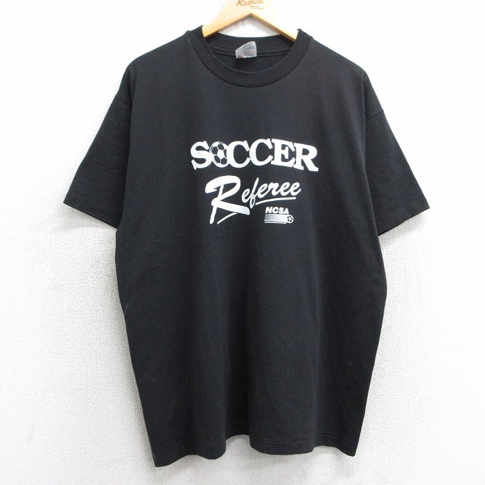 【商品番号】 tsv25040818 【商品名】 XL & starf;古着 ヘインズ 半袖 ビンテージ Tシャツ メンズ 90年代 90s サッカー レフェリー クルーネック USA製 黒 
