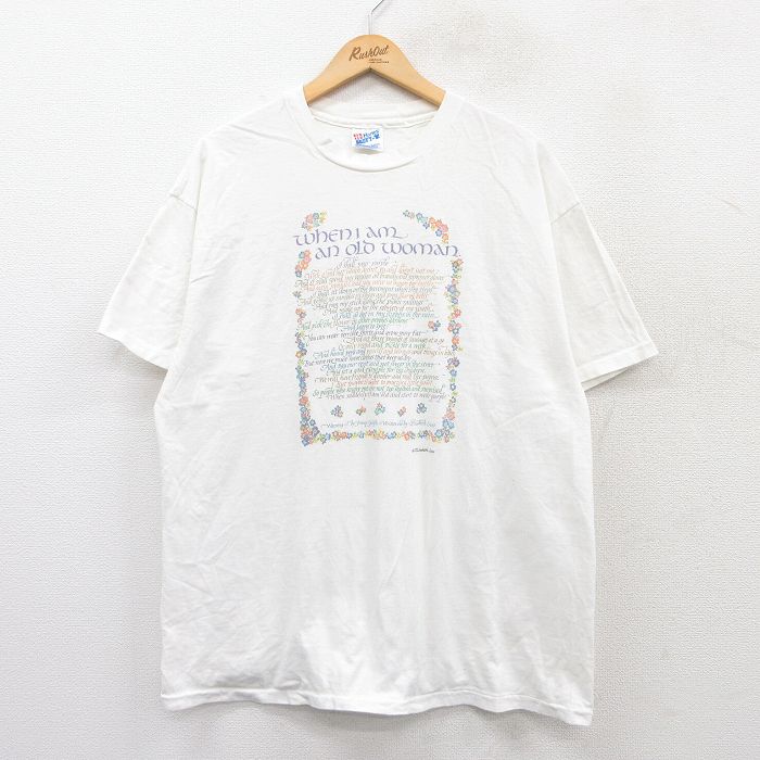 【商品番号】 tsv25051501 【商品名】 XL & starf;古着 ヘインズ 半袖 ビンテージ Tシャツ メンズ 90年代 90s メッセージ 花 コットン クルーネック USA製 